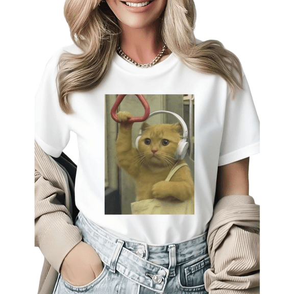 Vintage Funny Cat with Headphones Subway Graphic Tees Women's Meme Tshirt