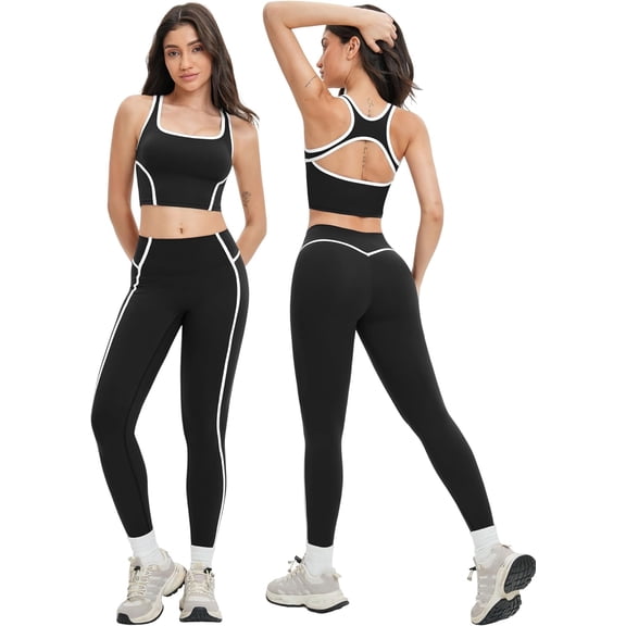 AEXTO Two Piece Womens Workout Set Backless Color Block Tank Tops Matching High Waist Leggings Gym Work Out Outfits