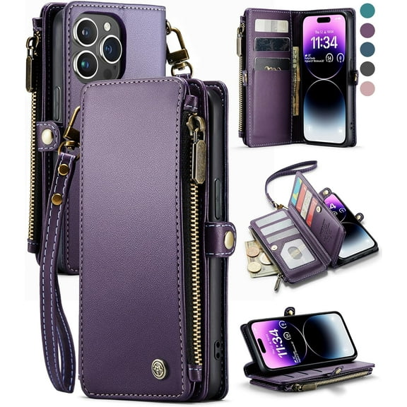 for iPhone 14 Pro Max Phone Case, RFID Blocking for iPhone 14 Pro Max Wallet Case for Women Men with Card Holder Zipper PU Leather Protective Phone Cover for iPhone 14 Pro Max Case, Purple