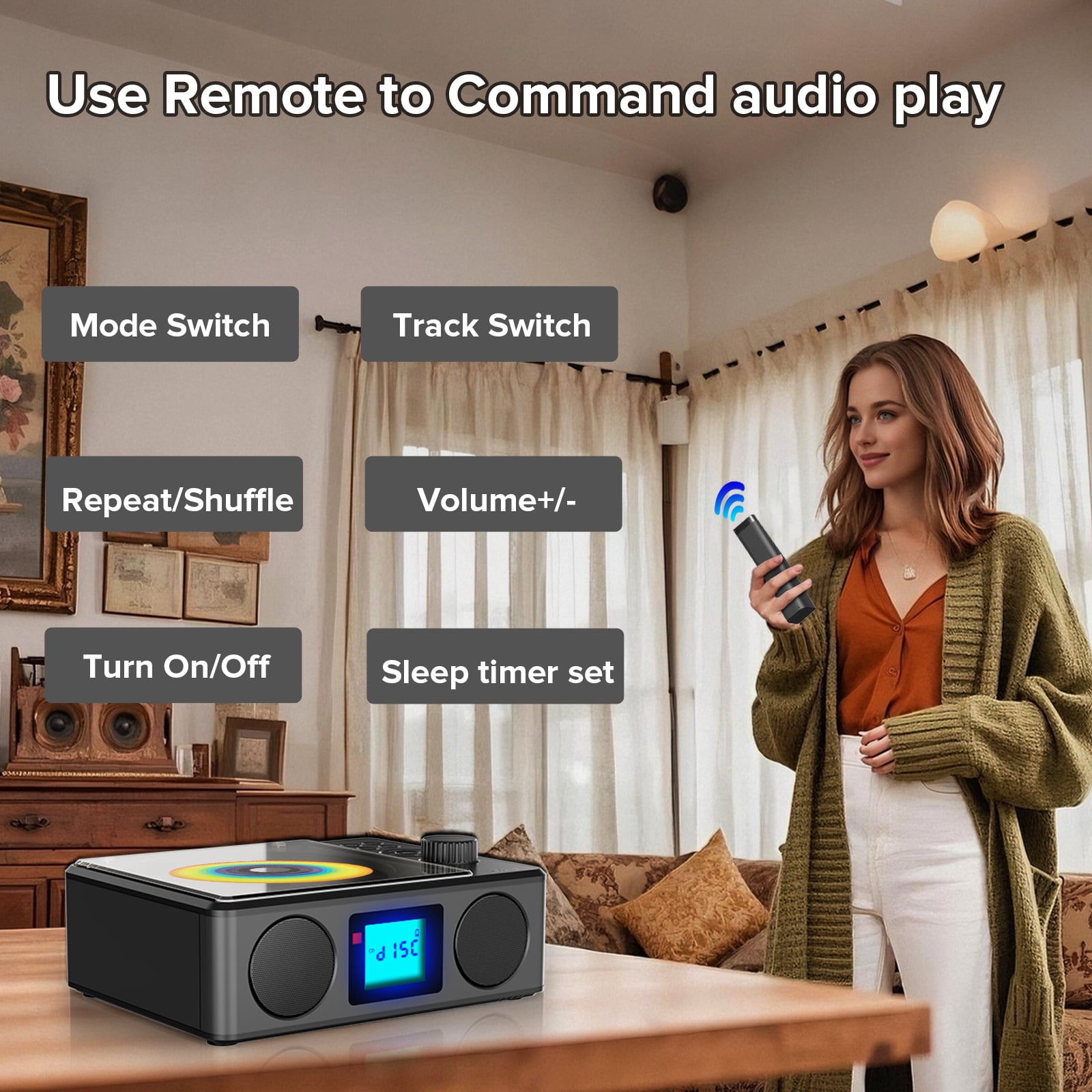 Portable CD Player with Speakers: Rechargeable Bluetooth CD FM Radio with Remote - MP3/USB/TF playable with Stereo Sound - Sleep Timer/LCD Display/Earphone Jack - Music Lover/Nostalgia Gift