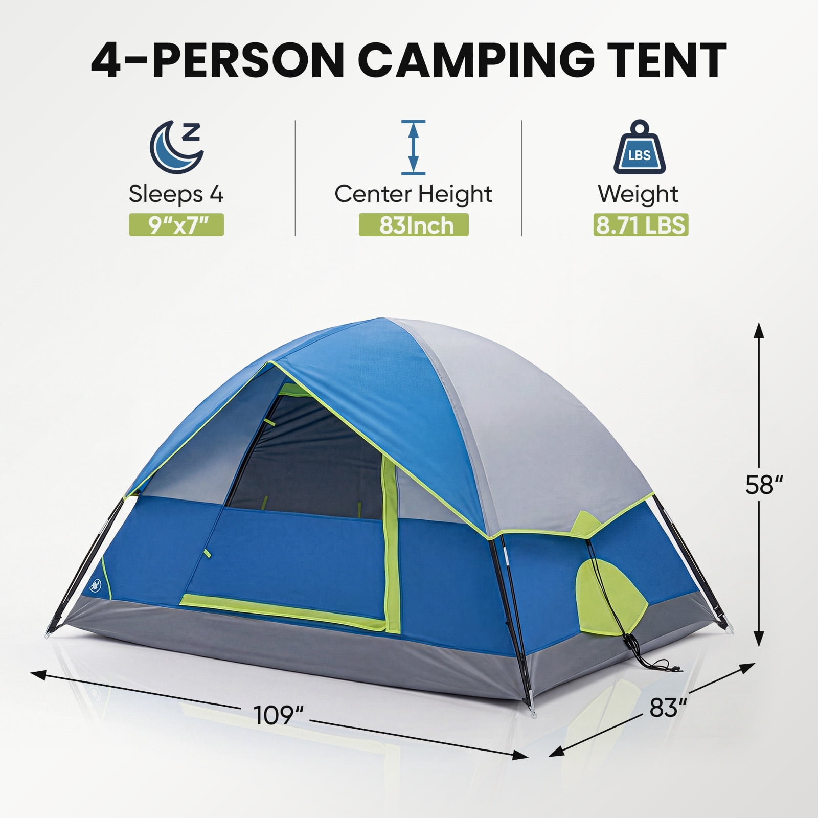 SHOUFTW 4 Person Waterproof Camping Tent with Rainfly, Easy Setup Dome Tent with Mesh Windows & Skylight Vent, Lightweight Portable Tent for Outdoor Camping, Hiking, Festivals & Backyard, Navy Blue