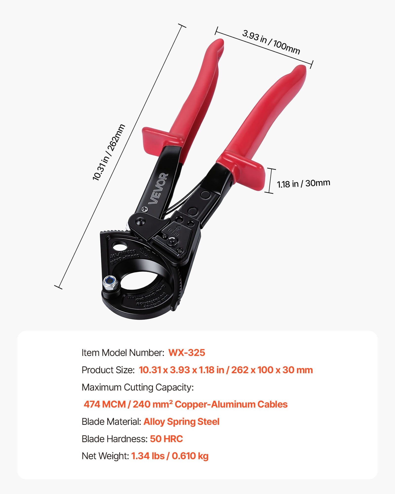 VEVOR Ratcheting Cable Cutter, Spring Steel Blades with PVC-Coated Handles, Quick-Release Button, Heavy Duty Ratchet Cable Wire Cutter for Cutting Copper & Aluminum Cables Up to 474 MCM / 240 mm²