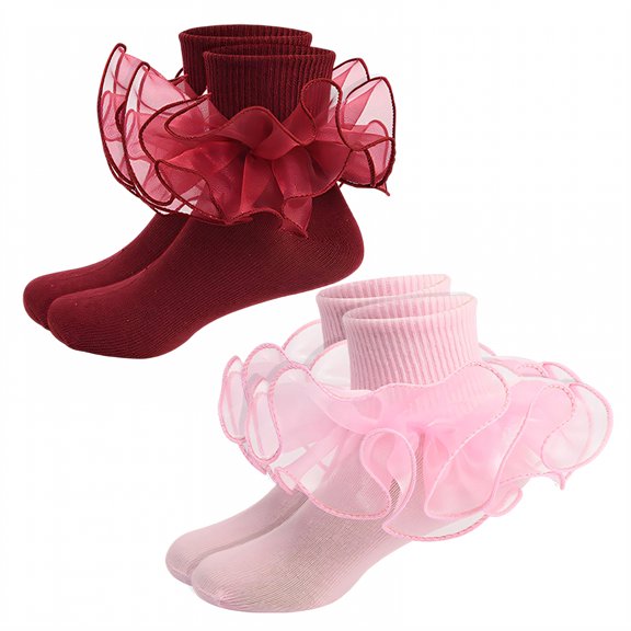TELOLY 2Pairs Kids Socks,8-10 Years Old Ruffle Socks,Cute Cotton Socks Lace Socks,Combination1