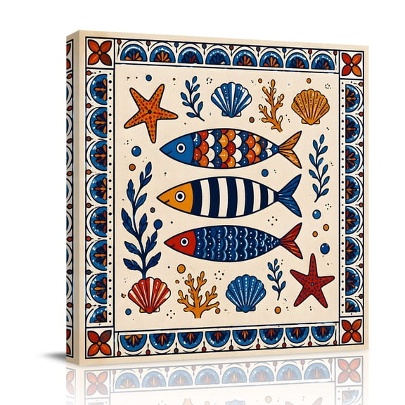 Canvas Wall Art, Navy Blue Fish Coastal Framed Canvas Prints for Bathroom Desk, Nautical Modern Abstract Art Seaside Small Gallery Wrapped Wall Decor for Home Office, Gifts, 8"x8" Ship Next Day
