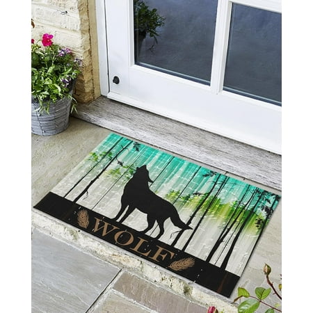 

Indoor Outdoor Mats Wolf Silhouette in The Forest Wood Grain Background Door Mat Non-Slip Absorbent Resist Dirt Entrance Mat Washable Welcome Mats for Entryway Low-Profile Floor Mats