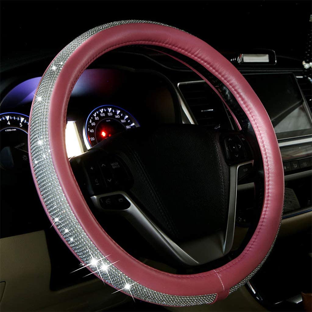 Bling Steering Wheel Cover 15 inch for Women, PU Leather with Bling