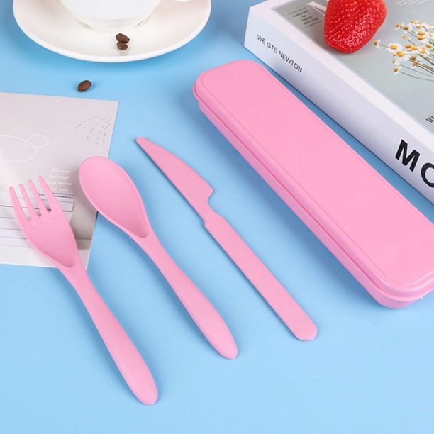 Juego de utensilios de viaje reutilizables con estuche, cuchillo portátil de paja de trigo rosa, tenedor, cucharas, cubiertos ecológicos sin BPA para niños y adultos como utensilios de viaje para picnic y camping oso de fresa Electrónica