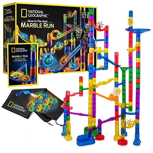 Great Creative STEM Toy for Girls and Boys Storage Bag 115 Piece Construction Set with 25 Glow in The Dark Glass Marbles NATIONAL GEOGRAPHIC Glowing Marble Run 
