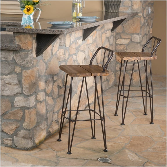 JERFIT Industrial Acacia Wood Bar Stools Set of 2, 30 Inch Brown Outdoor Counter Height Stools with Back & Footrest for Patio Garden Bistro