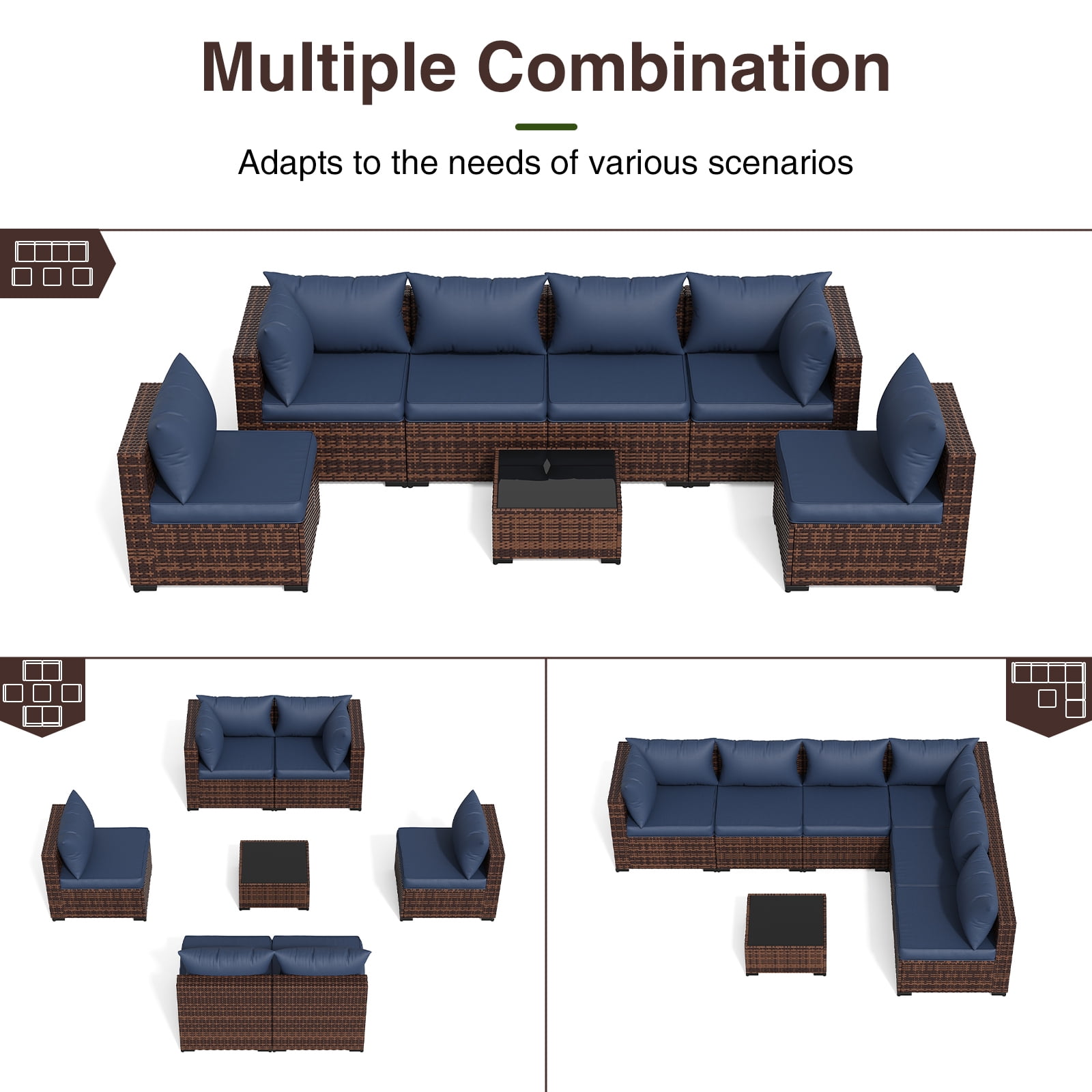ELPOSUN 7 Pieces Patio Furniture Set All Weather Outdoor Sectional Sofa, Outdoor Modern Sectional Furniture Wicker Couch with Glass Coffee Table, Thicken Navy Blue Cushions, Water Resistant