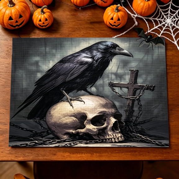 1/4/6pcs Creepy Crow Skull Halloween 2D Flat Placemat, Kitchen Outdoor Dining Table Mat, Gothic Holiday Gift for Horror Enthusiasts