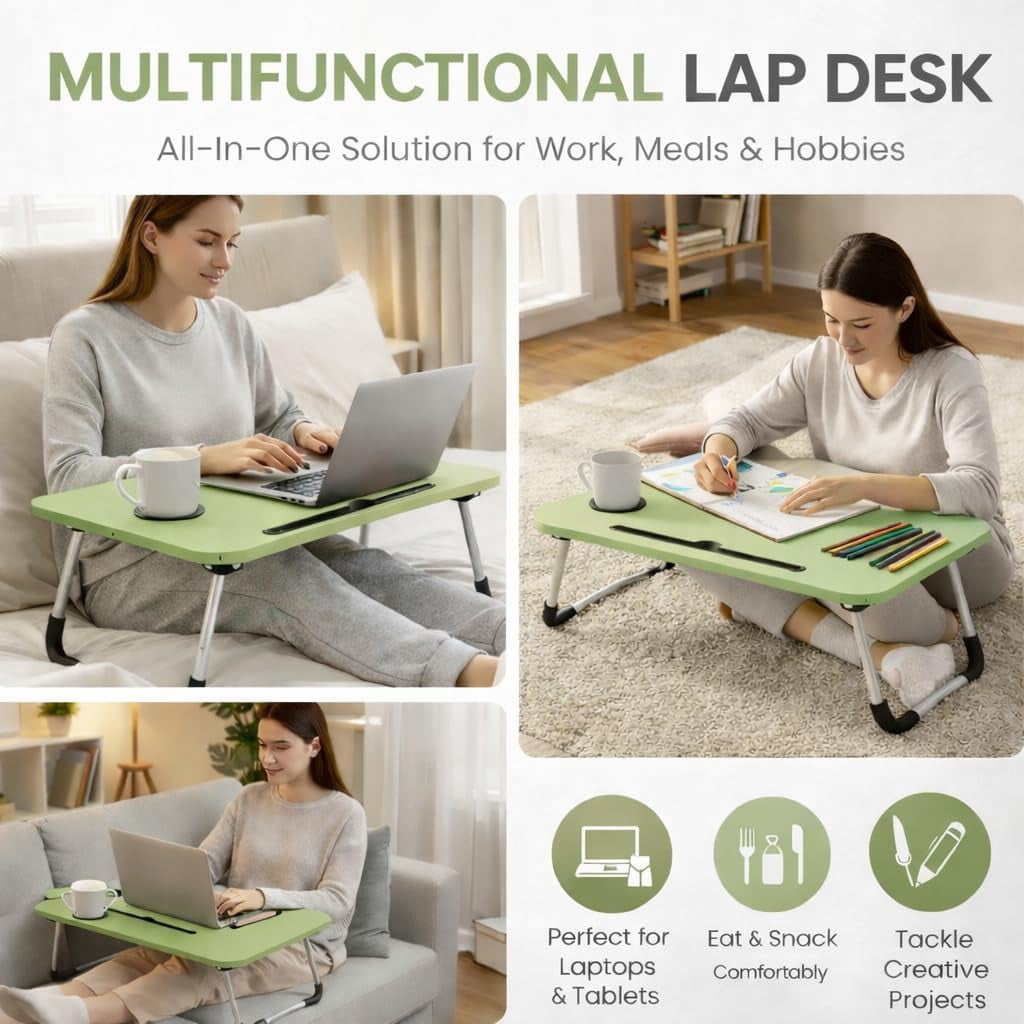 WSA Foldable Lap Desk with Drawer & Cup Holder, 23.6” Portable Laptop Bed Tray Table with Tablet Slot, Non-Slip Laptop Desk for Bed Couch Sofa, Working Writing Eating Breakfast (Green)