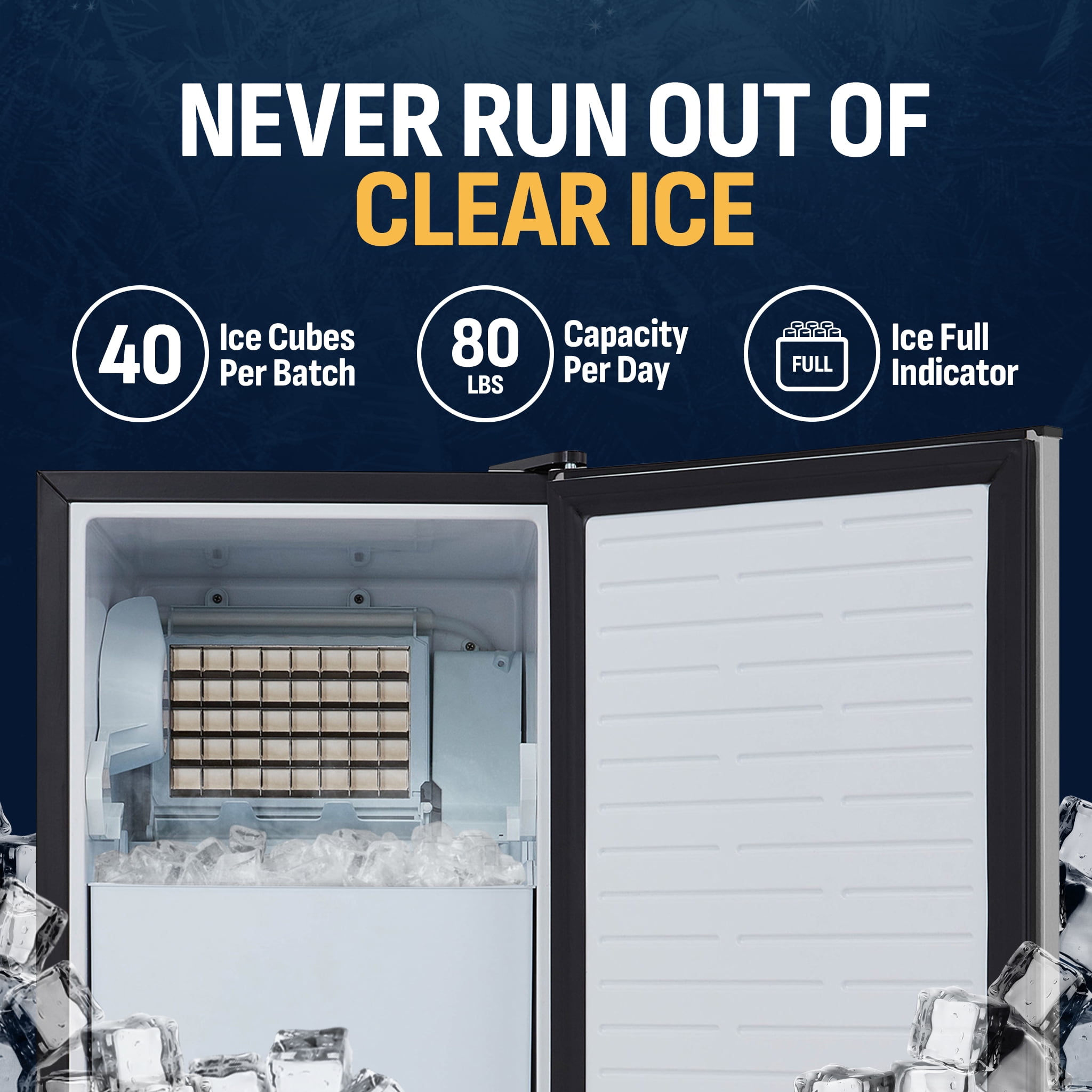 Newair 15” Undercounter 80 lbs. Daily Clear Ice Cube Maker Machine, Built-in or Freestanding Design, 40 Cubes ready in 15-30 Mins, Fingerprint Resistant Door, Self-Cleaning Function, LED Controls