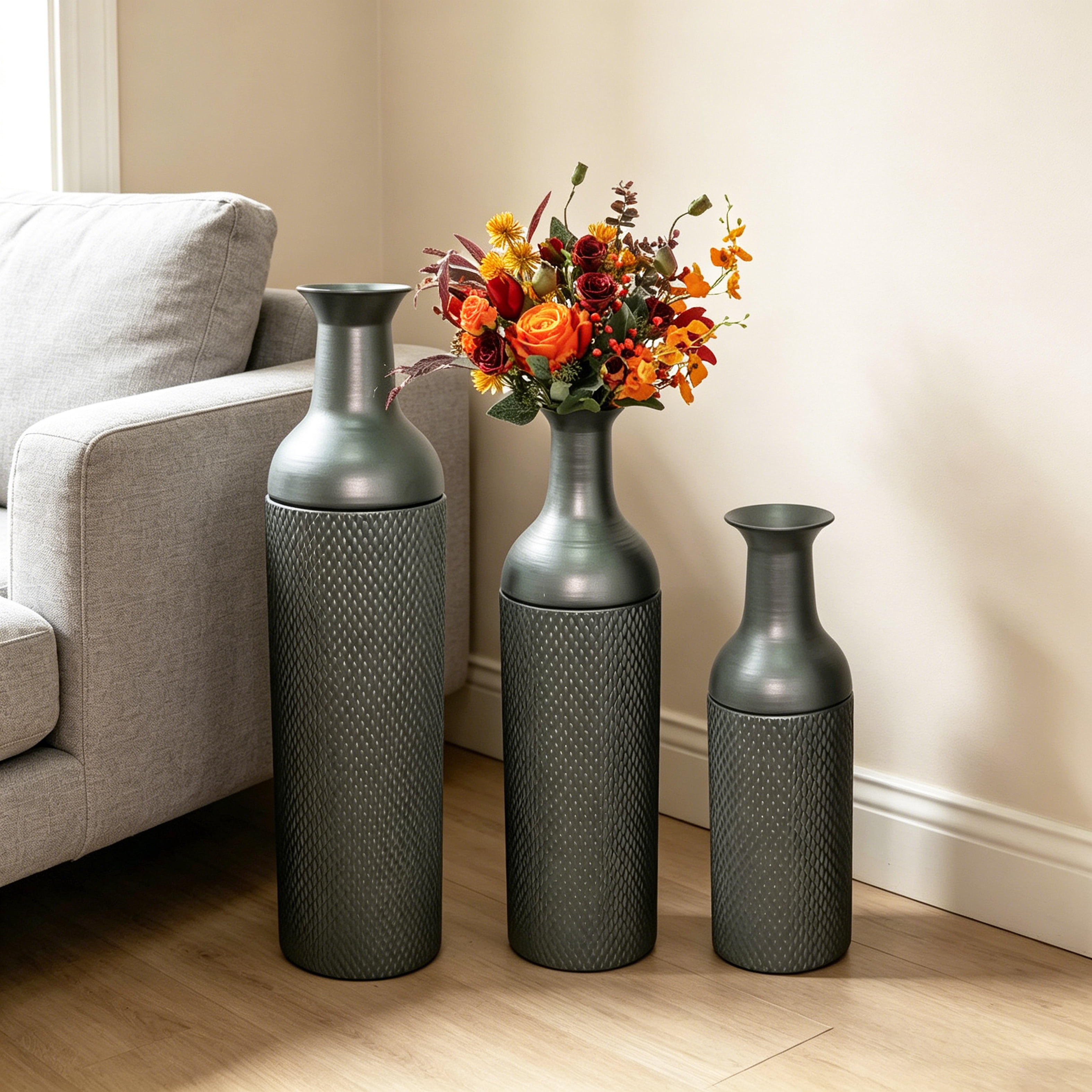 Metal Floor Vases Set of 3 with Leaf Pattern, Tall Decorative Vases and Home Decor Accents for Living Room Entryway, Black and Silver