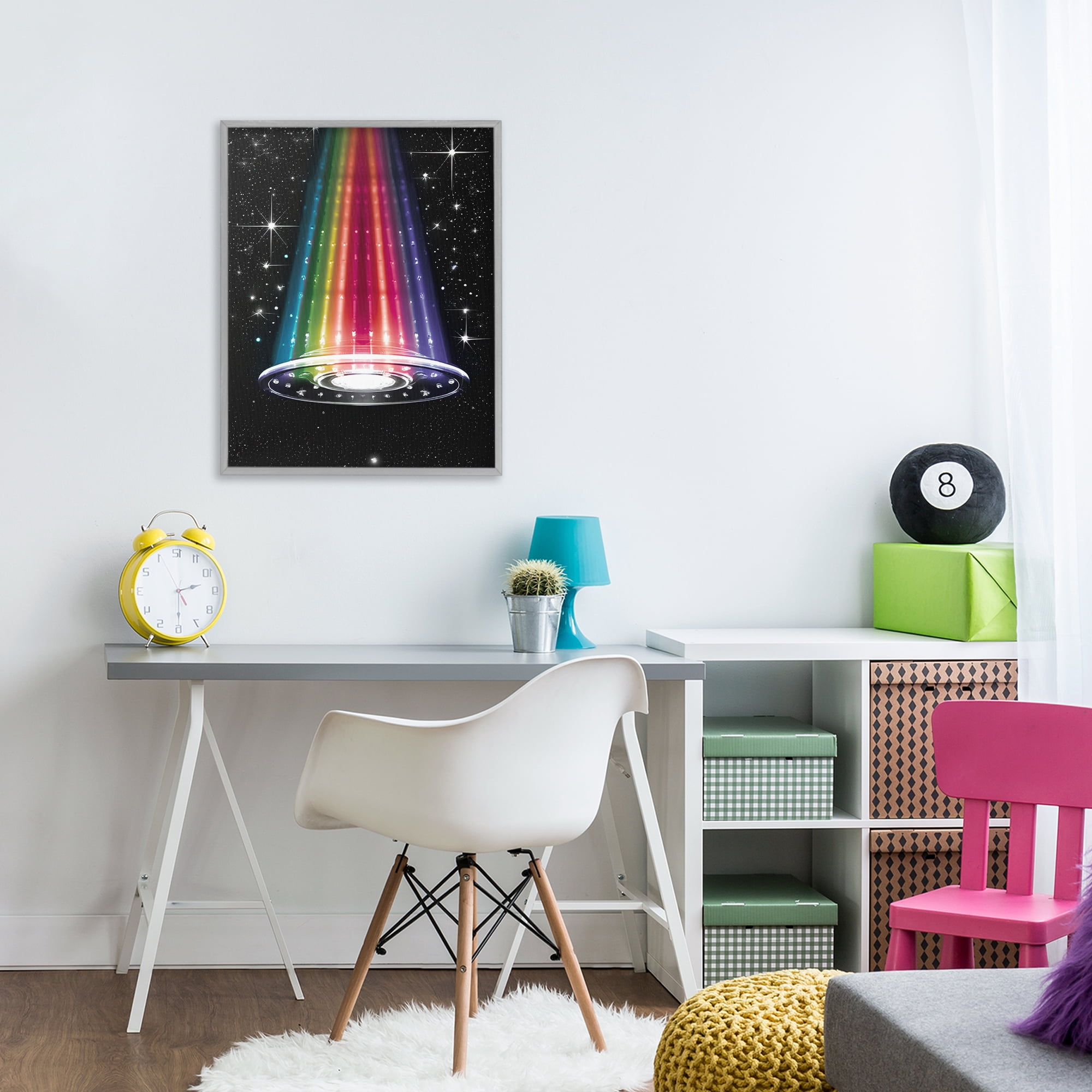 Rainbow Galaxy UFO Gray Framed Giclee Art, design by Sasha