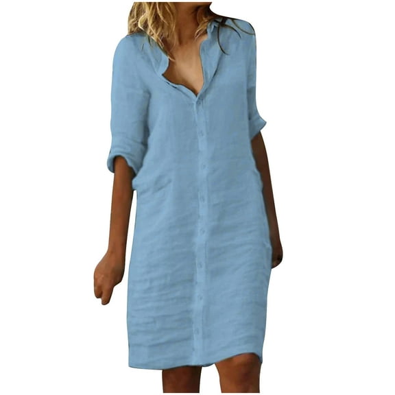 fartey Cotton Linen Sundresses for Women Summer 2024 Button Down Dress Loose Cozy Half Sleeves Midi Dresses Lounge Solid Color Lapel Beach Sundress