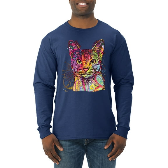 Wild Bobby Dean Russo Colorful Cat Abyssinian Cat Lover Men Long Sleeve Shirt, Navy, Medium