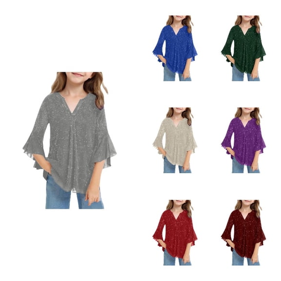 Gyujnb V Neck Glitter Flare Sleeve Blouse Casual Loose Fit Tops (Little Girls, Big Girls),9-10 Years