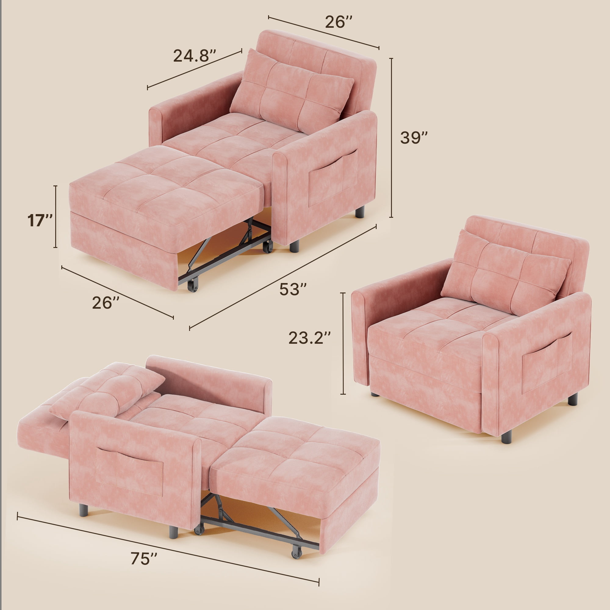 Asofer 3-in-1 Convertible Sofa Chair Bed with Adjustable Backrest, for Living Room, Office,Small Space,Velvet Pink
