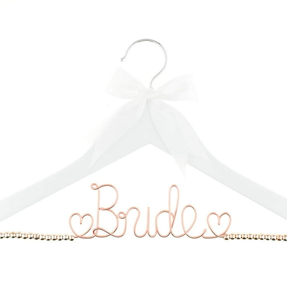 Ella Celebration Bride to Be Wedding Dress Hanger Wooden and Wire, Accented with Beads and a Bow Bridal Hangers for Brides (White with Rose Gold Wire and Rose Gold Beads)