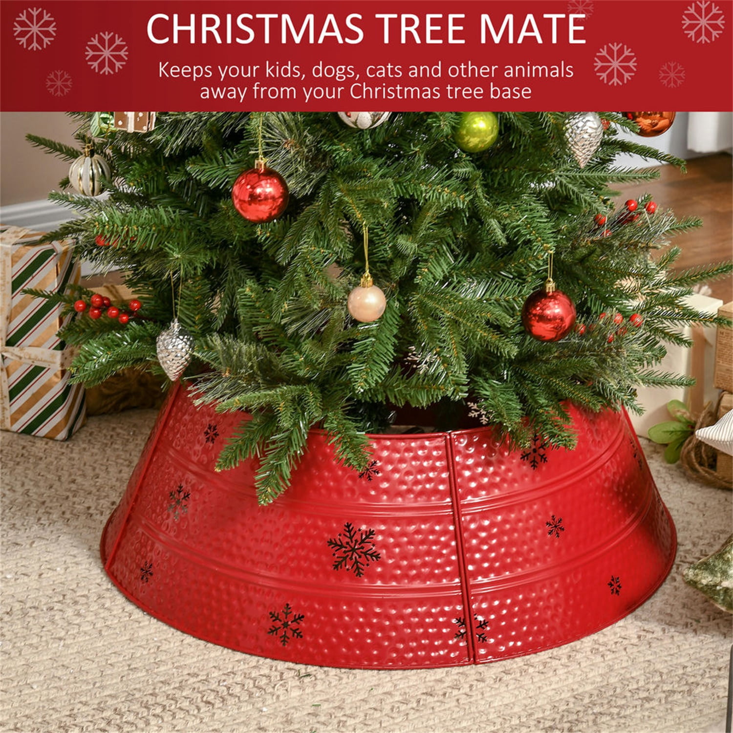 Hommoo Christmas Tree Collar, Steel Tree Ring Skirt, Home Xmas Decoration for Christmas Tree, 26" x 26" x 9", Red