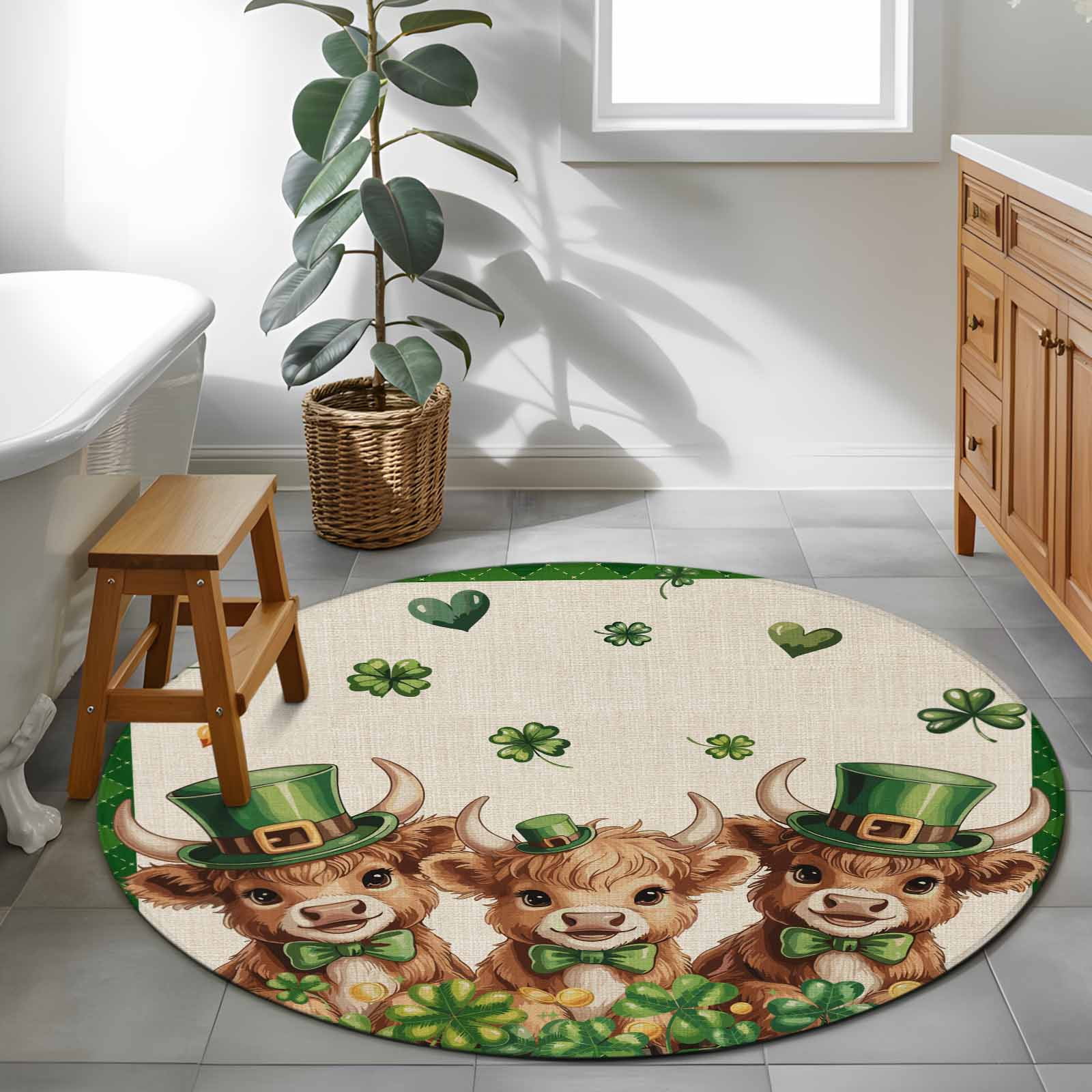 Round Rug 3.3Ft Washable Non-Slip, St. Patrick's Day Circle Area Rugs for Living Room Bedroom, Green Shamrock Highland Cow Glod Coin Beige Indoor Floor Mats Carpet Runner for Home Decor Aesthetic