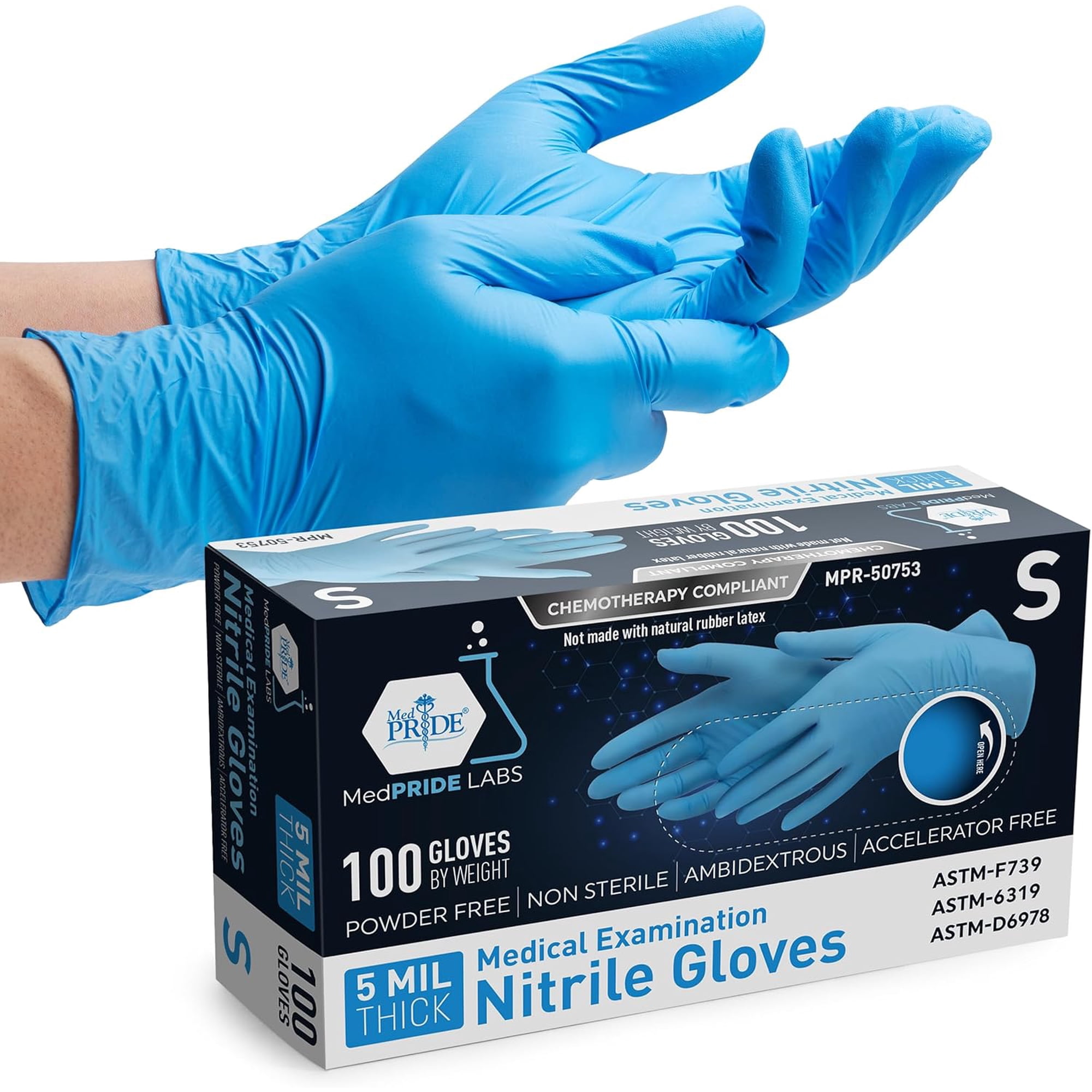 MED PRIDE Blue Nitrile Gloves Small | Box of 100 Gloves | 5 Mil | Powder-Free, Latex-Free, Exam Grade | Medical, Lab, Food Service, Tattoo, Cleaning, Dental, Chemotherapy Compliant