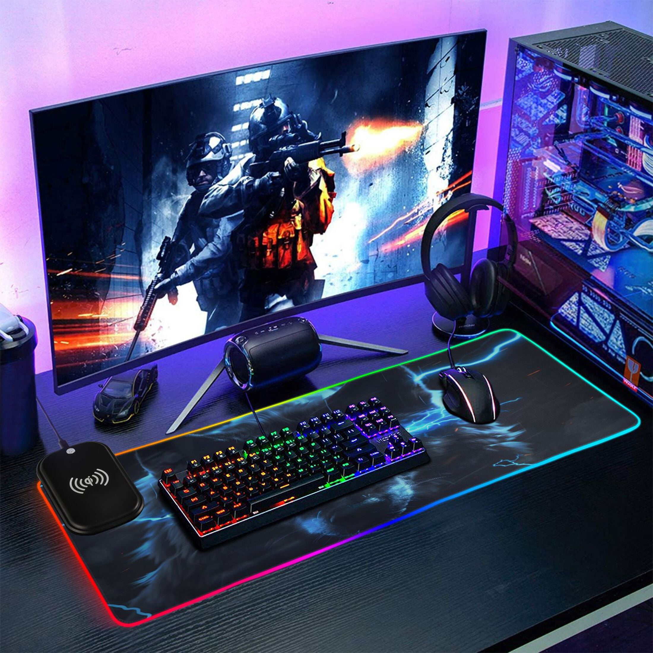 Wireless Charging Mouse Pad Large RGB Gaming Desk Mat 13 Light Modes Mousepad 35.4x15.7 Glowing Wolf