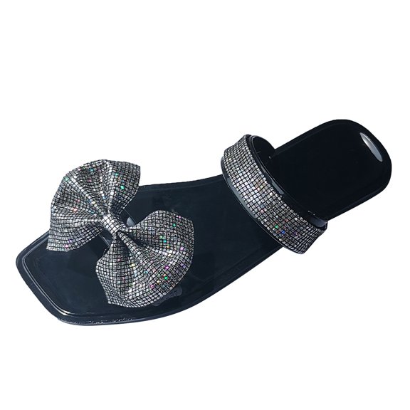 zttd womens shoes summer slippers sequin bow square toe slippers fashion flat plus size slippers women's slipper a