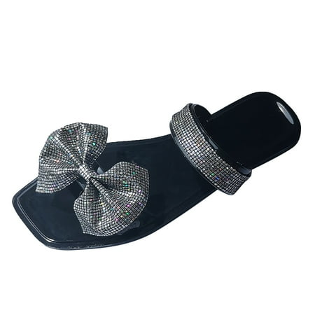 

nsendm Slippers with Soles for Women Womens Shoes Summer Slippers Sequin Bow Square Toe Bear Slippers for Women Silver 7.5