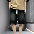 thumbnail image 2 of Jean Shorts Men Casual Drawstring Elastic Waist Summer Streetwear with Pockets Stretch Lightweight Loose Fit Trendy Men Denim Shorts, 2 of 9