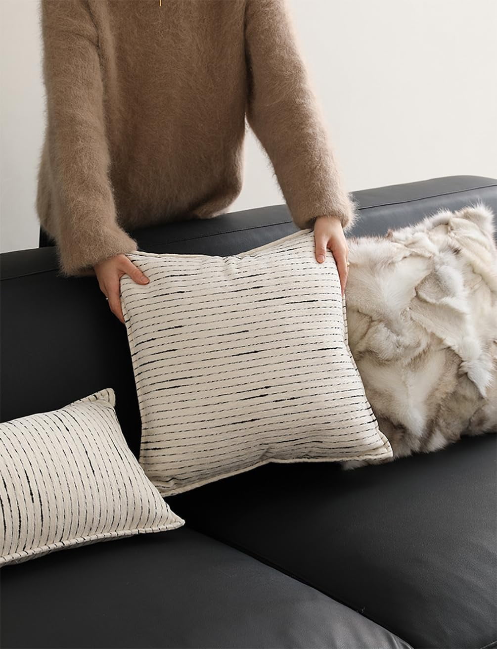 Fennco Styles Black Stripe Chenille Decorative Filled Throw Pillow 20" W X 20" L - White Woven Soft Cushion Case for Home, Couch, Bedroom, Living Room and Office Décor