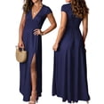 thumbnail image 3 of Women'S Deep V Neck Solid Color Pleated High Waist Slit Club Party Evening Long Maxi Dress Dark Blue XXL, 3 of 7