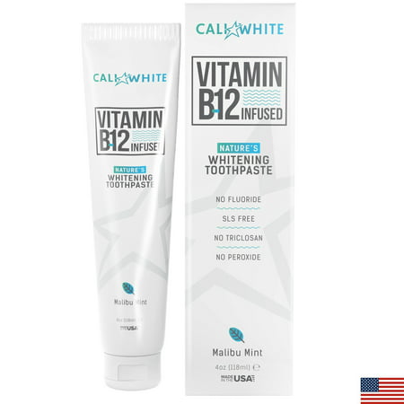 Cali White VEGAN WHITENING TOOTHPASTE with VITAMIN B12, Organic Mint, Natural Whitener, Made in USA, Fluoride Free, Gluten Free, Xylitol, Best Methylcobalamin B 12 for Sublingual Absorption, Kids (Best Form Of B12 For Absorption)