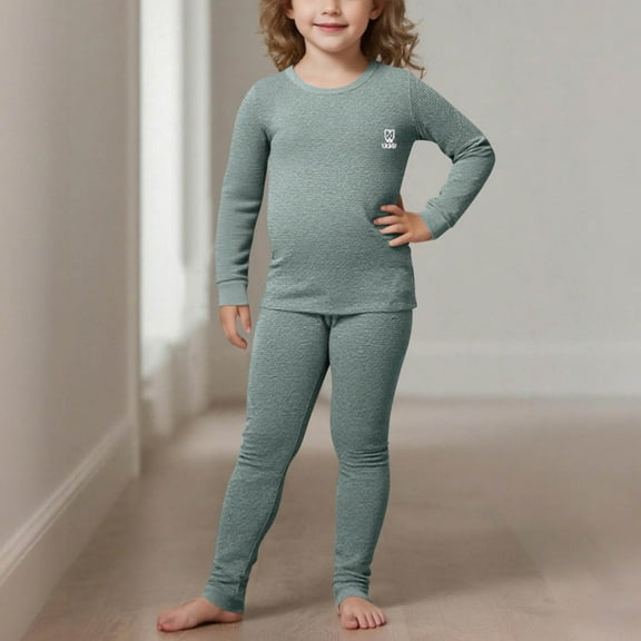 Thetops Warm Cotton Thermal Underwear Set for Big Girls - Long Sleeve Top & Pants, Soft Hypoallergenic, Size 12T, Green