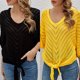 thumbnail image 3 of Camisa de punto Moda mujer camisa de punto raya ahuecada manga murciélago nudo dobladillo vendaje blusa Casual suelta verano Tops 1 1, 3 of 5