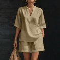 thumbnail image 2 of ZIXKCGDSE Women 2 Piece Linen Short Sets V Neck Pullover Shirt and Shorts Summer Outfits Size XL, 2 of 4