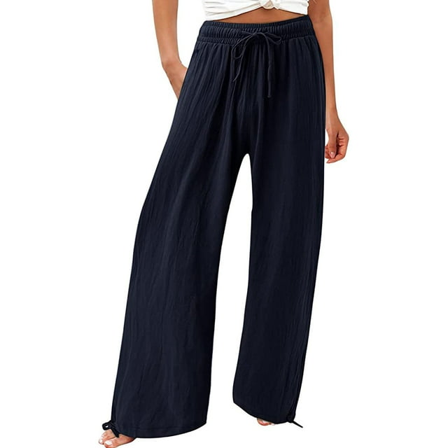 Fashnice Pantalon Palazzo à Cordon pour Femmes, Jambe Grand, Pantalon Long Ample, Pantalon de Vacances, Bleu Marine, G