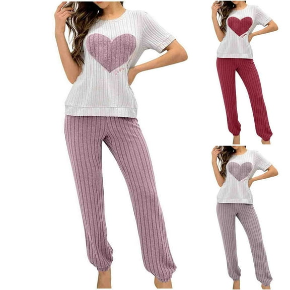 Feancey Cute Pajama Sets for Women Knitted 2 Piece Outfit Long Sleeve Heart Print Tops and Wide Leg Pants Sleepwear Set Lounge Pj Two Piece Purple XXL