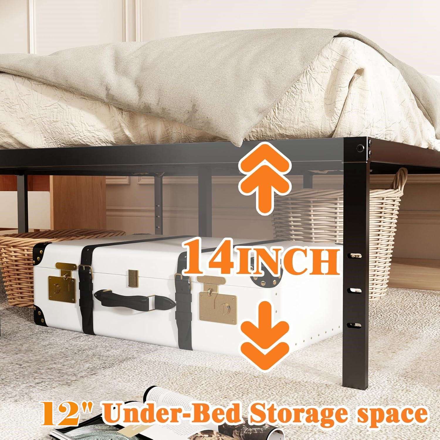 Beddle Full Size Metal Bed Frame with Storage Space – Heavy Duty Platform, No Box Spring Needed, Black