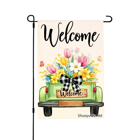 Jbralid Welcome Garden Flag With Flower Truck Design For Spring Summer Home Outdoor Garden Yard Door Decor 12x18 inch