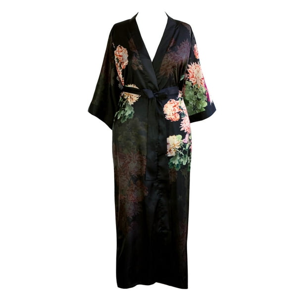 KIM+ONO Plus Size Women's Charmeuse Kimono Robe Long - Floral - Coral Chrysanthemum Black - Walmart.com