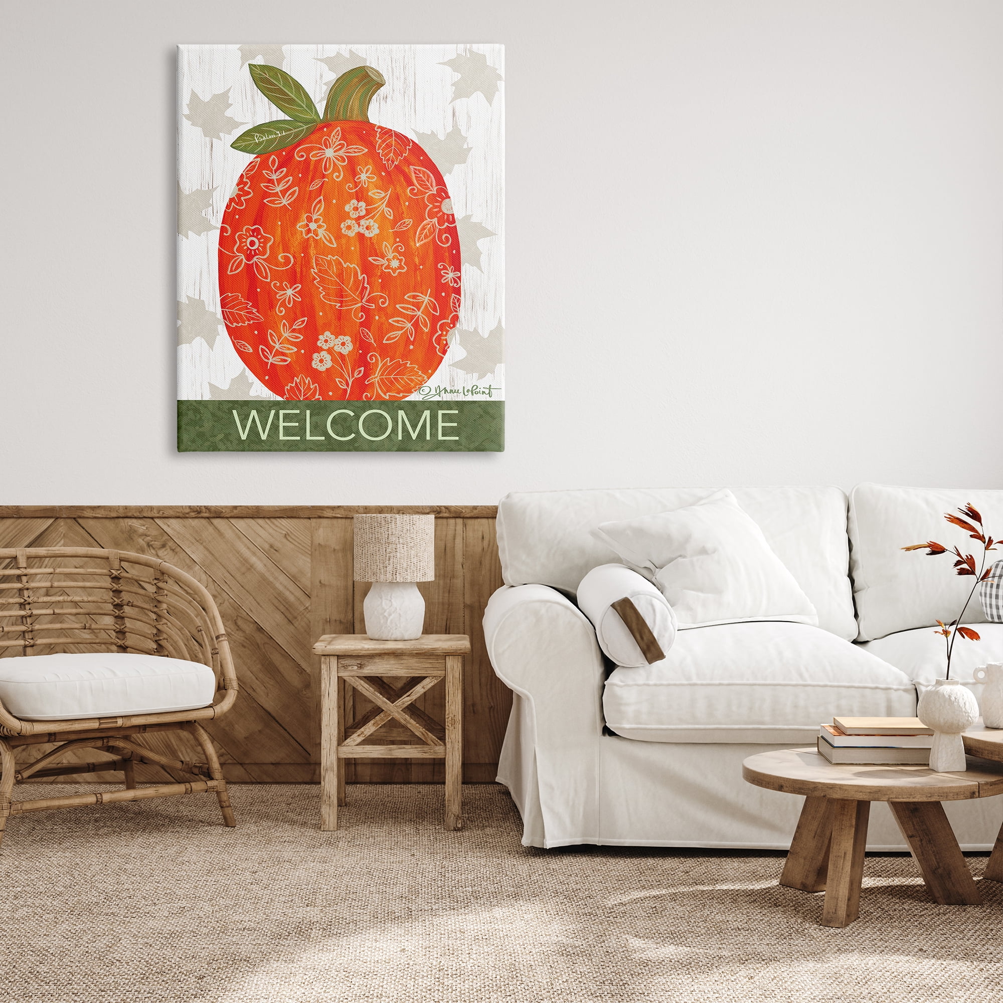 Stupell Industries Patterned Autumn Botanicals Pumpkin Welcome Sign Graphic Art Gallery Wrapped Canvas Print Wall Art, Design by Annie LaPoint