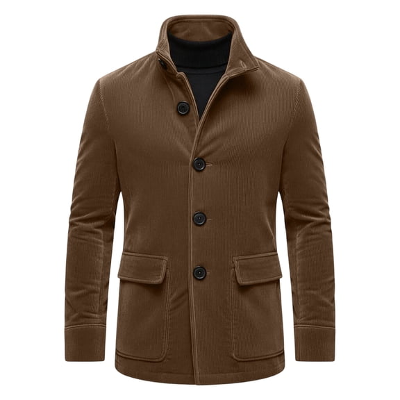 Fwqbns Men's Corduroy Texture Blazer Jacket Single Breasted Stand Collar Sport Coat Casual Suit for Business Work Fall Winter Brown