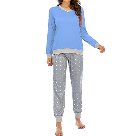 

HUBERY Women V Neck Long Sleeve Color Block Stitching Dots Printed Sleepwear Set