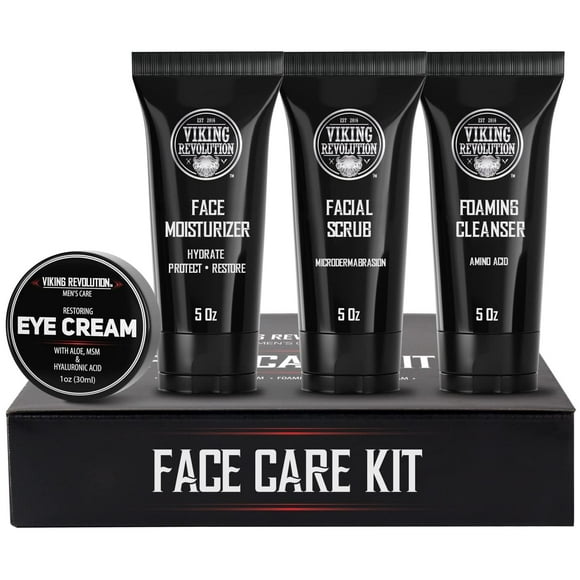 Viking Revolution - Skin Care Set - Mens Skin Care Kit - Includes (148 ml Each) Mens Face Wash, Face Moisturizer, Microdermabrasion Face Scrub, Eye Cream (30 ml) - Gifts for Men