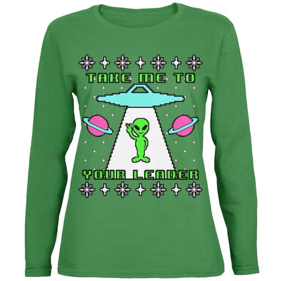 Alien Take Me to Your Leader Ugly Christmas Sweater Womens Long Sleeve T Shirt Green 2XL