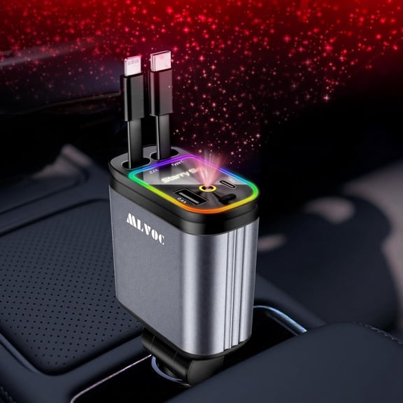 Retractable 66W USB C Car Charger, 4-in-1 Fast Charging Adapter with Dual USB Ports, PD & QC 3.0 for iPhone, Samsung, Android (Black)