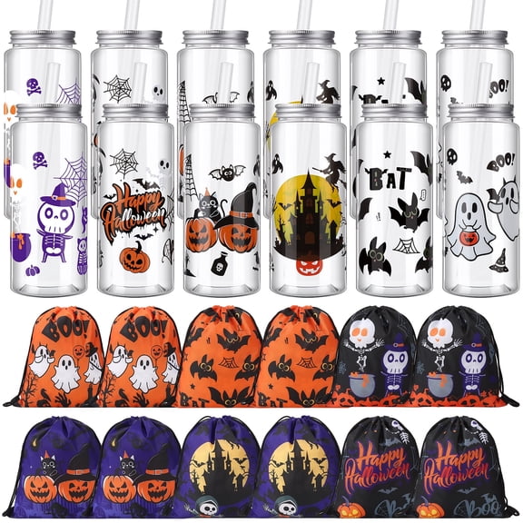 sixwipe 12PCS Plastic Tumbler and 12PCS Halloween Gift Bags, 13.5 oz Halloween Plastic Tumblers with Lids and Straws and Fabric Halloween Wrapping Bags Drawstring Gifts Bag for Presents Party