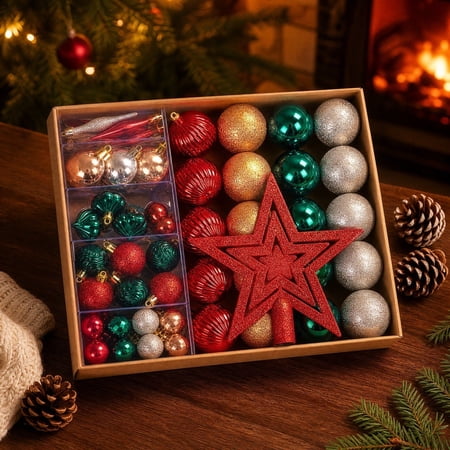 Christmas Decorations Savings 72 Pack Christmas Balls Ornament Set Assorted Shiny Glitter Baubles with Star Topper for Tree Ornaments Shatterproof Holiday Wreath Decor